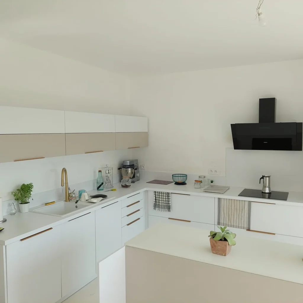 Cuisine de l’extension, façades blanches et taupe, plan de travail clair