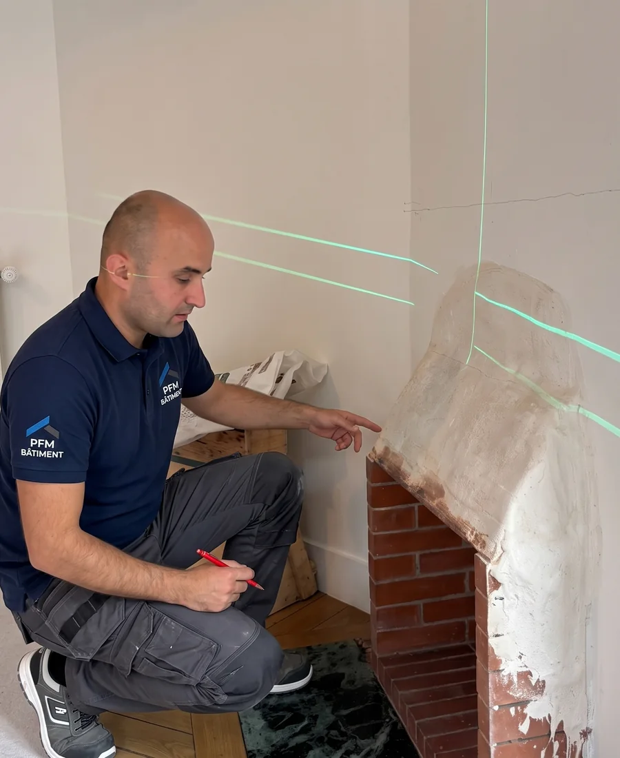 Perparim Hasaj, dirigeant de PFM Bâtiment, relève au niveau laser les repères d'implantation sur le mur d'une cheminée en brique